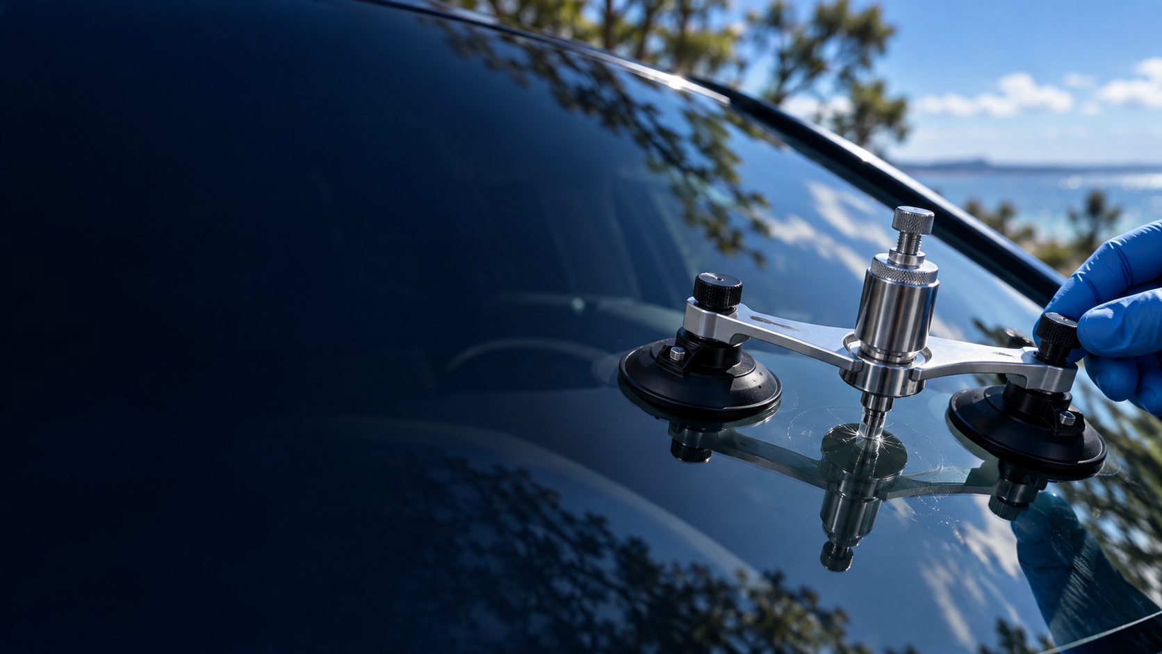 Illustration of specialist resin-injection equipment positioned over a windscreen chip